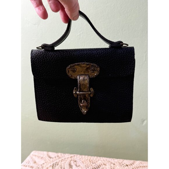 Vintage 60s Mini Black Pebble Leather Purse Escutcheon Clasp - Picture 15 of 16